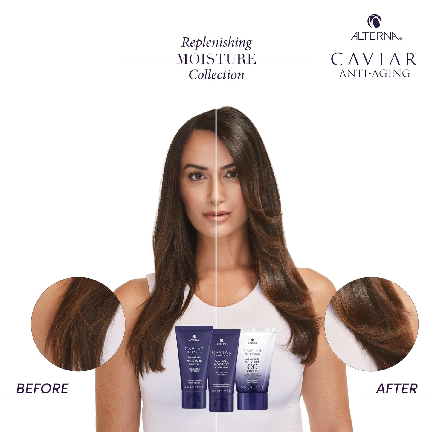 Alterna Haircare CAVIAR Anti-Aging Replenishing Moisture Trial Kit - Shampoo, Conditioner, Leave-In CC Cream | For Dry, Brittle Hair | Protects