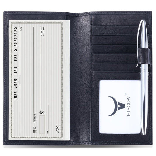 HISCOW Soft Leather Checkbook Cover & Card Holder with Divider - Italian Calfskin (Black) Fashion HISCOW