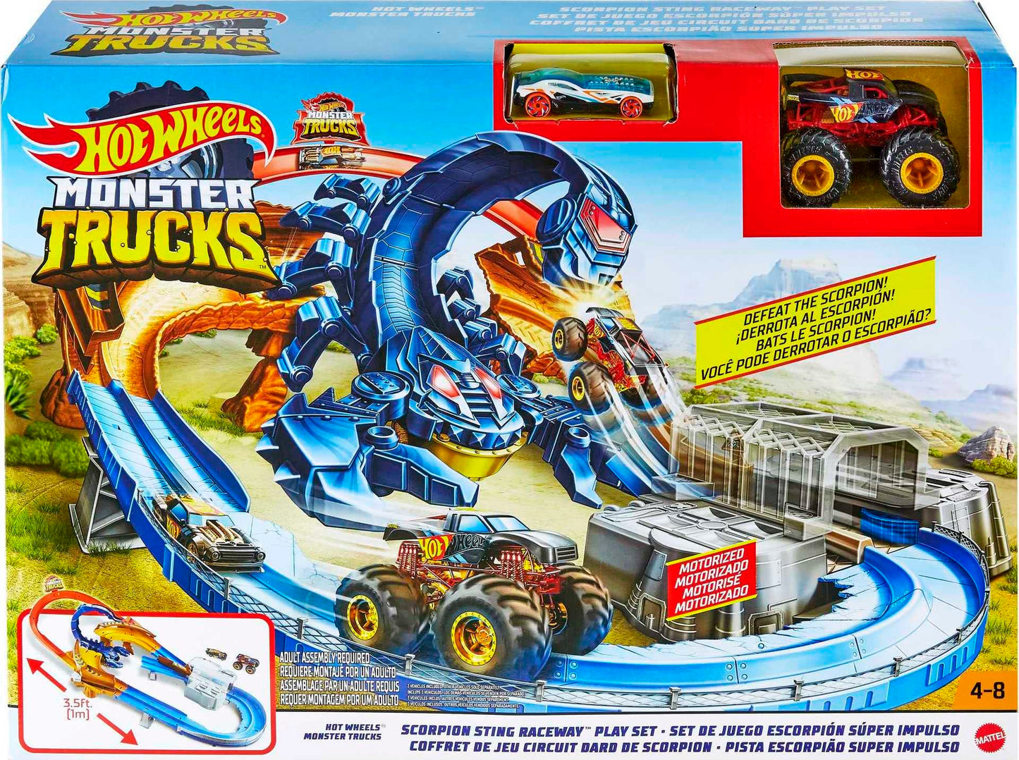 Hot Wheels Monster Trucks Scorpion Sting Raceway Track Set with 1 Toy Truck & 1 Car in 1:64 Scale, Boosted Race Track