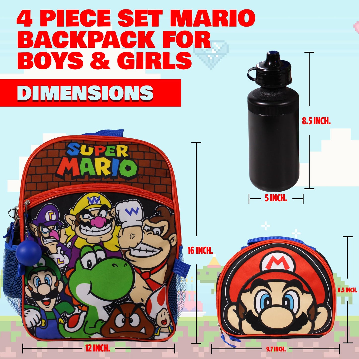 Nintendo Super Mario Bros. Backpack Set for Boys & Girls, Kids 16" School Bag with Front Zip Pocket, Red & Black