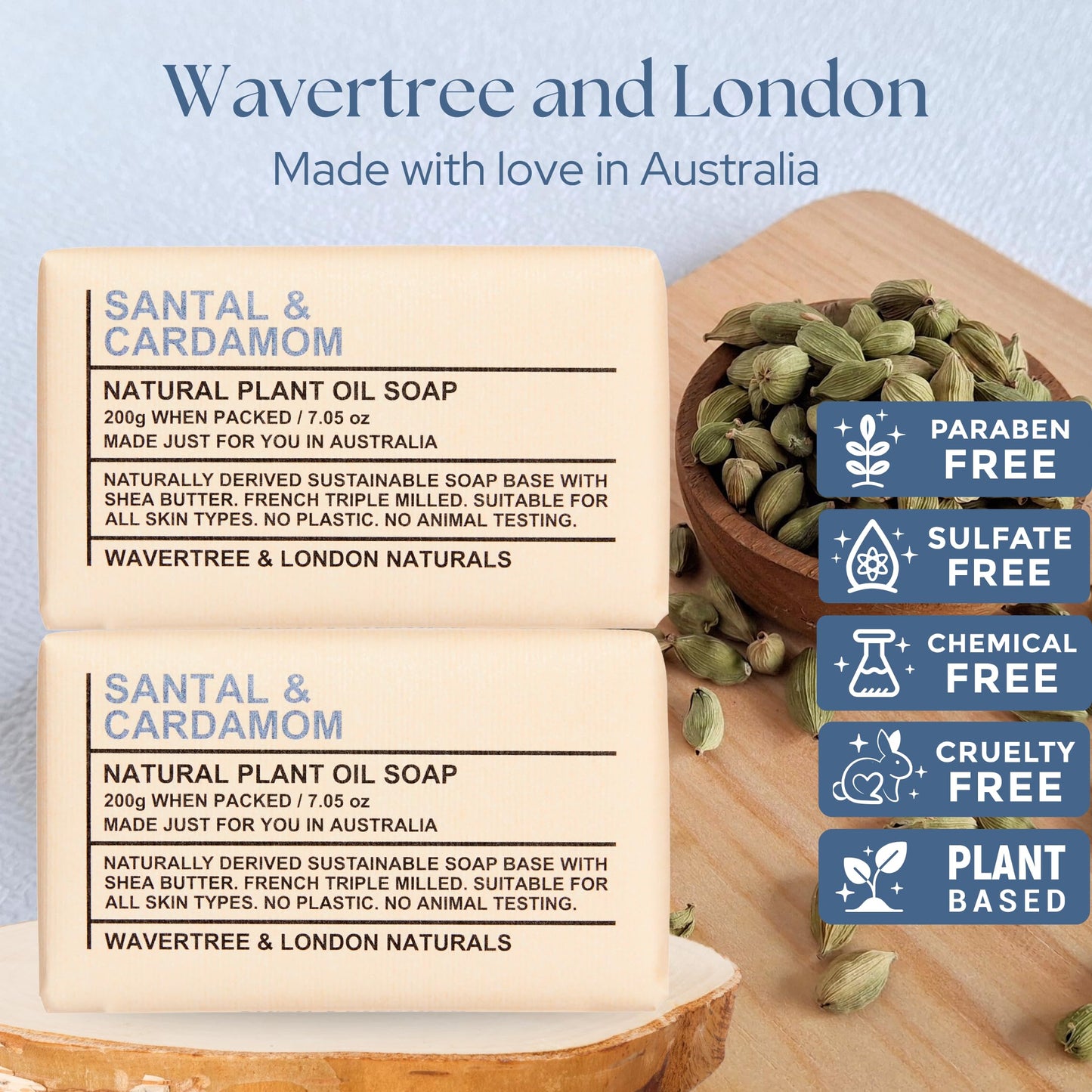 Wavertree & London Santal & Cardamon Scented Natural Soap Bars (2 Bars), 7oz Moisturizing French Triple Milled Soap enriched with shea butter - Plant