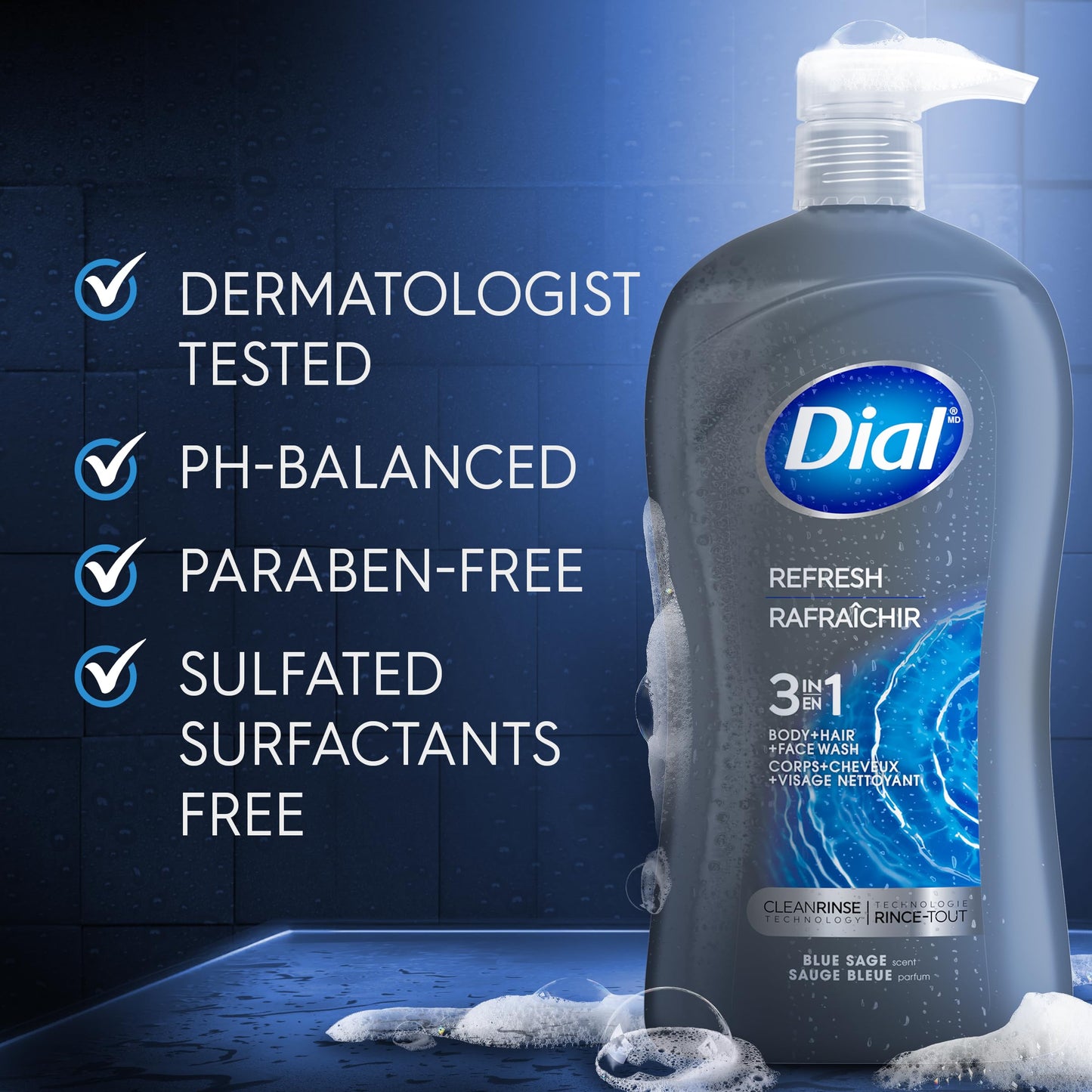 Dial Men 3in1 Body, Hair and Face Wash, Hydro Fresh, 32 fl oz