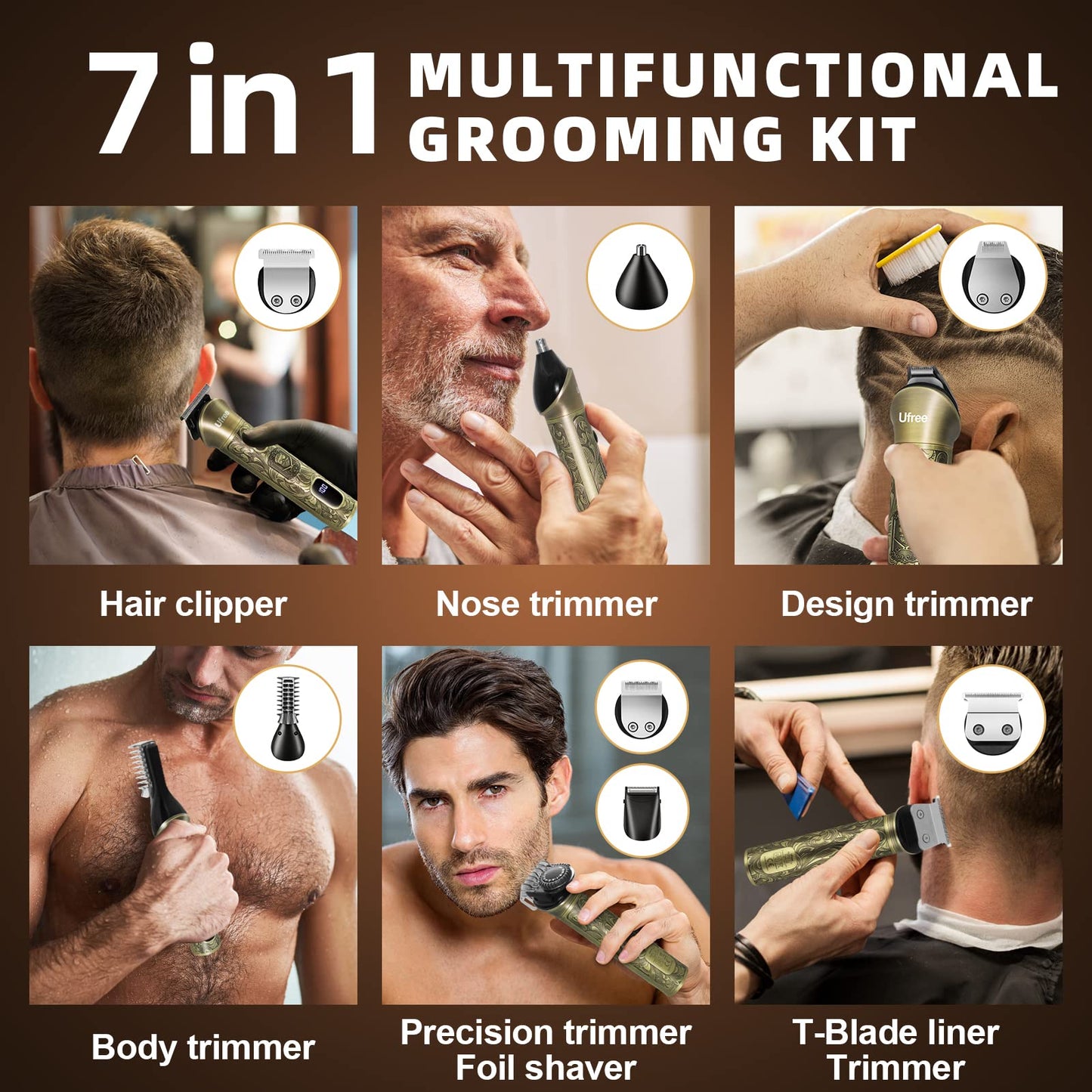 Ufree 7-in-1 Beard Trimmer for Men, Electric Razor Shaver, Men Grooming Kit Beauty and Personal Care Ufree
