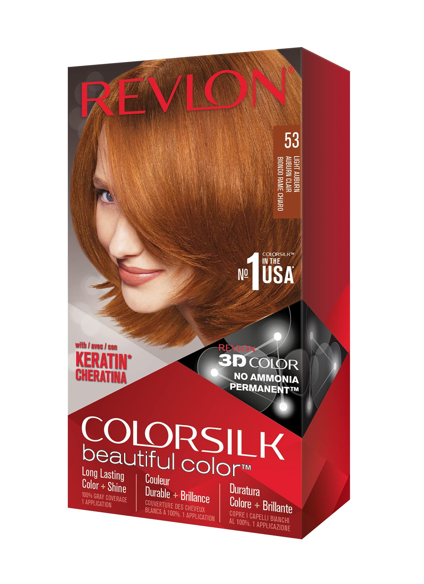 Revlon Colorsilk Beautiful Color, Permanent Hair Dye with Keratin, 100% Gray Coverage, Ammonia Free, 53 Light Auburn