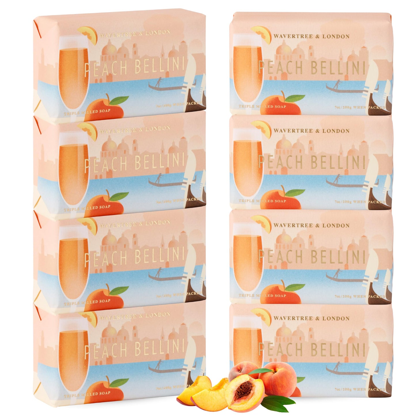 Wavertree & London Peach Bellini Scented Natural Soap (8 Bars), 7oz Moisturizing French Triple Milled Soap Bars enriched with shea butter - Pure Plant
