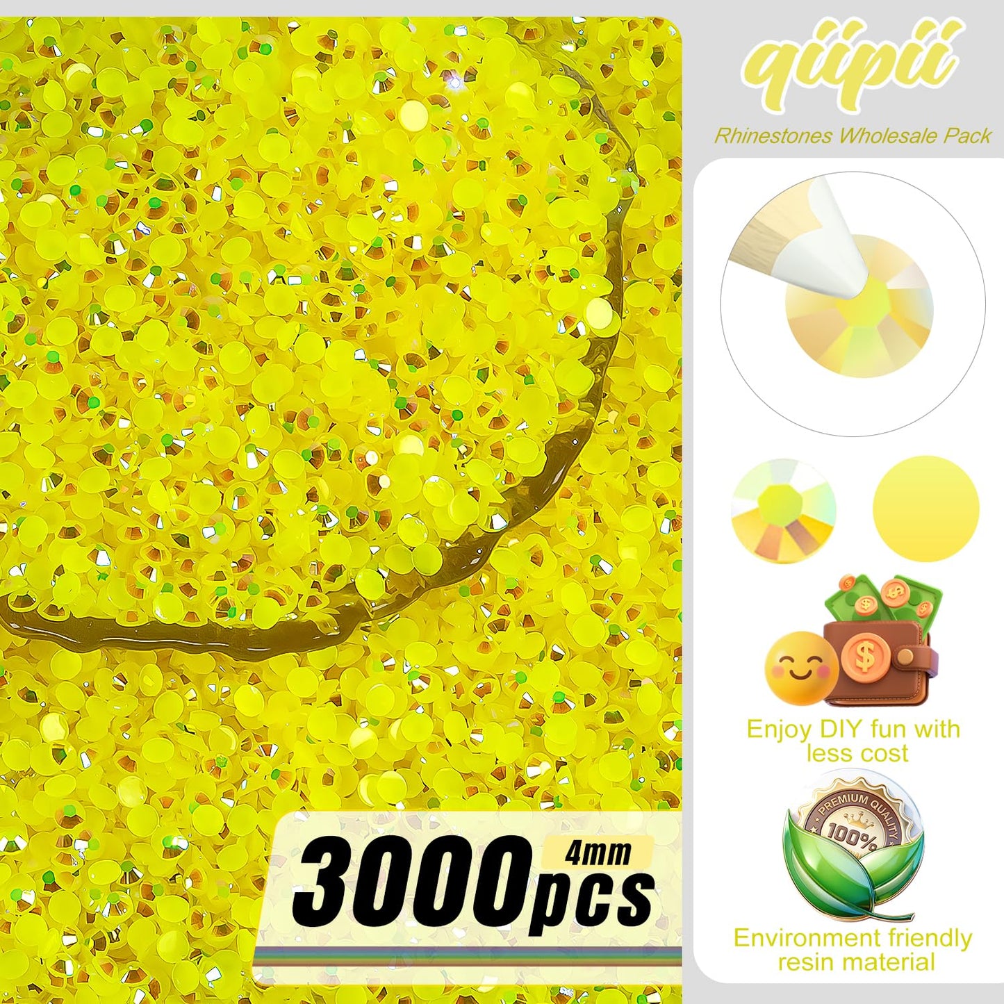 qiipii 3000PCS 4mm Lemon Yellow AB Resin Rhinestones for Crafting Citrine AB Flatback Jelly Stones Bulk SS16 Non-Hotfix Diamonds Gems Charms for Nails Beauty and Personal Care qiipii