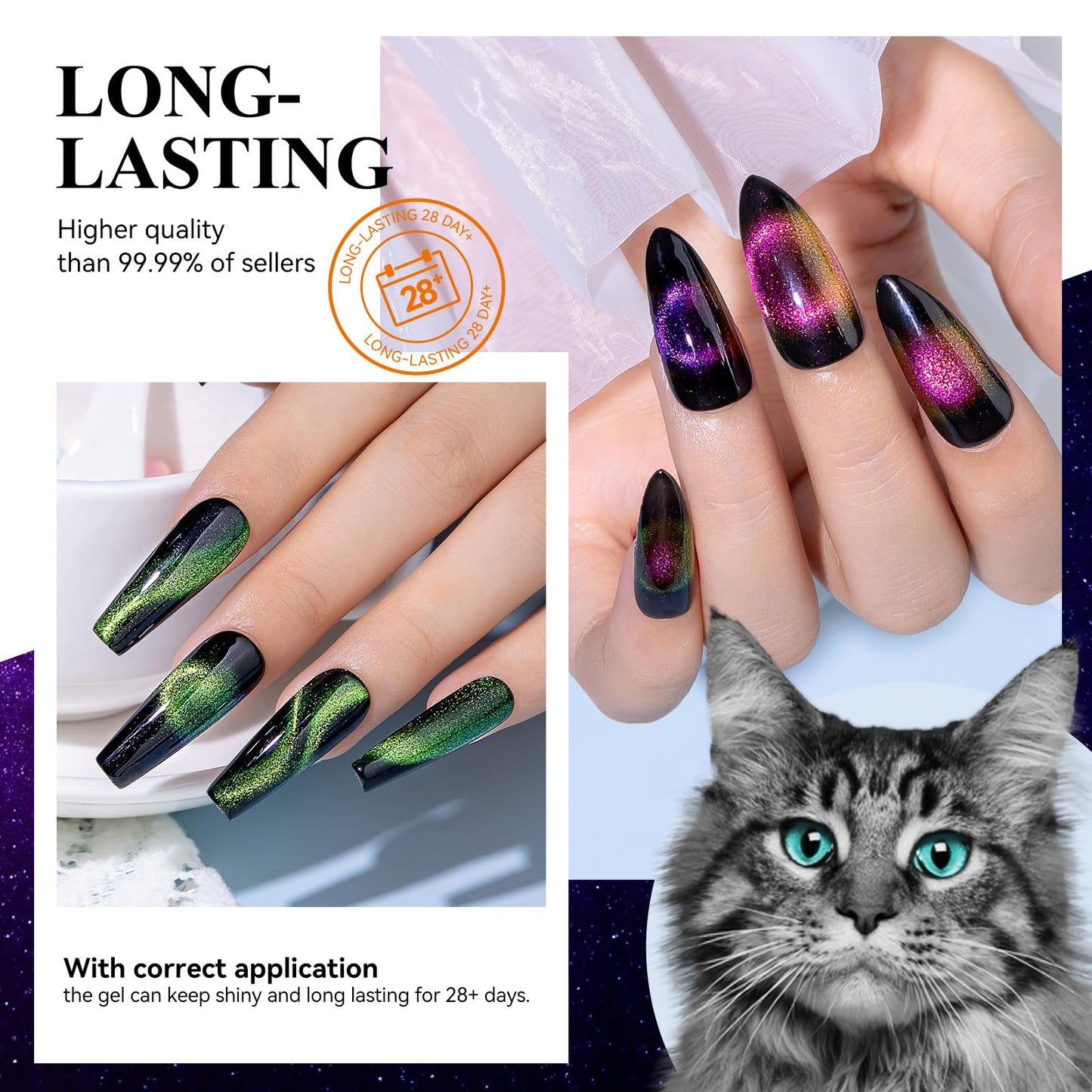 MIZHSE 9D Cat Eye Gel Nail Polish, Magnetic Cat Eye Gel Polish Set, 10ml*6 with 2 Magnets, Classic Colors Chameleon Magic Galaxy Effect Soak off Nail