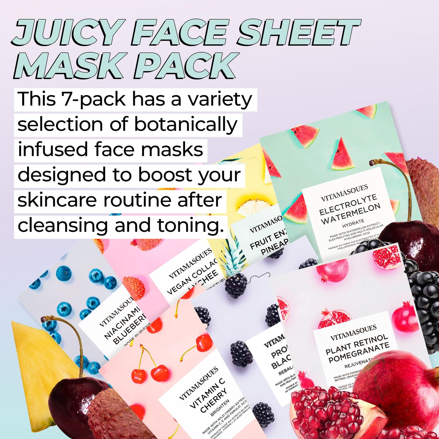 Vitamasques Face Masks Skincare Sheet Kit, 7-Pack - Juicy Collection of Triple-Layer Sheet Facial Masks - Korean Skin Care Pore Purifying