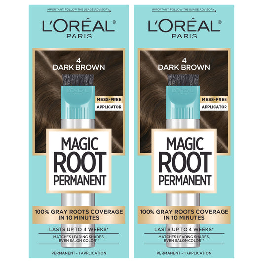 L'Oreal Paris Magic Root Permanent Hair Color Kit, 100% Gray Hair Coverage In Just 10 Minutes, Precision Brush Applicator for Seamless Application, 4