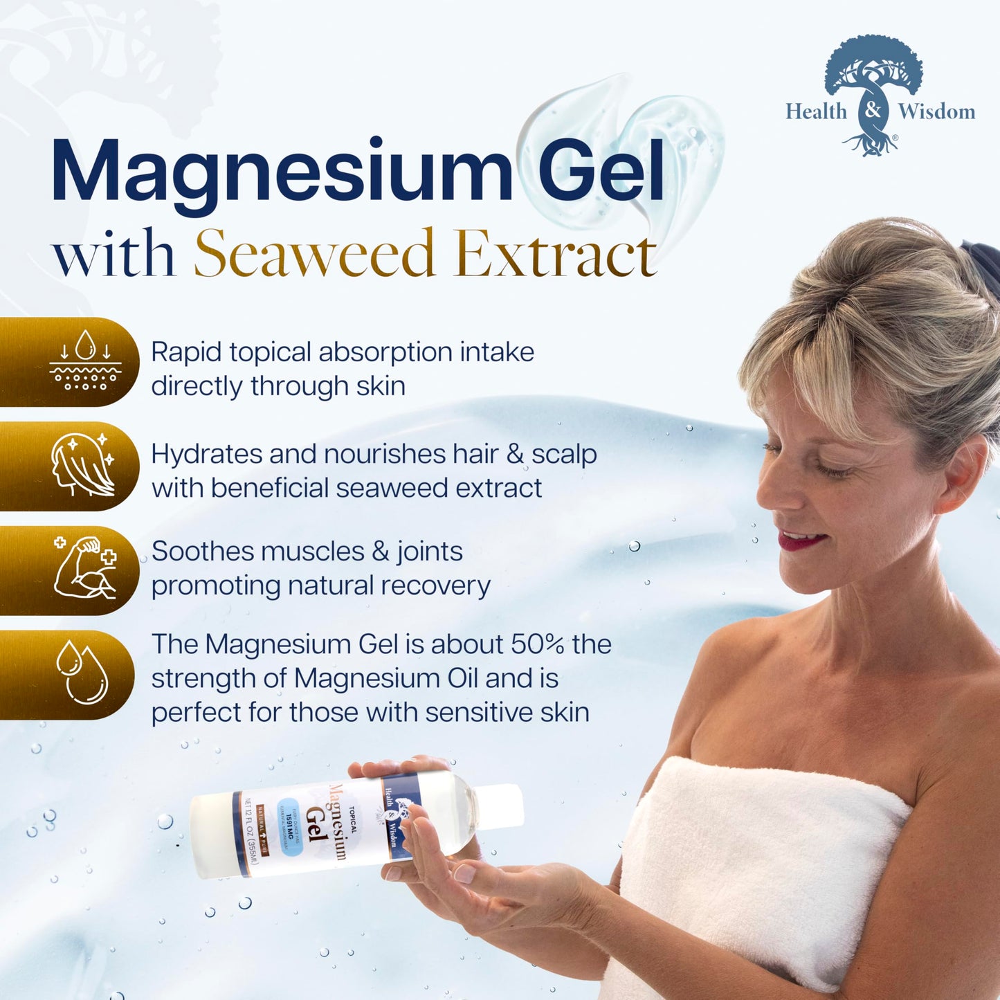 Health & Wisdom Pure Magnesium Gel with Seaweed Extract - USP Grade Topical Muscle & Joint Relief- Natural and Pure Skin & Scalp Moisturizing