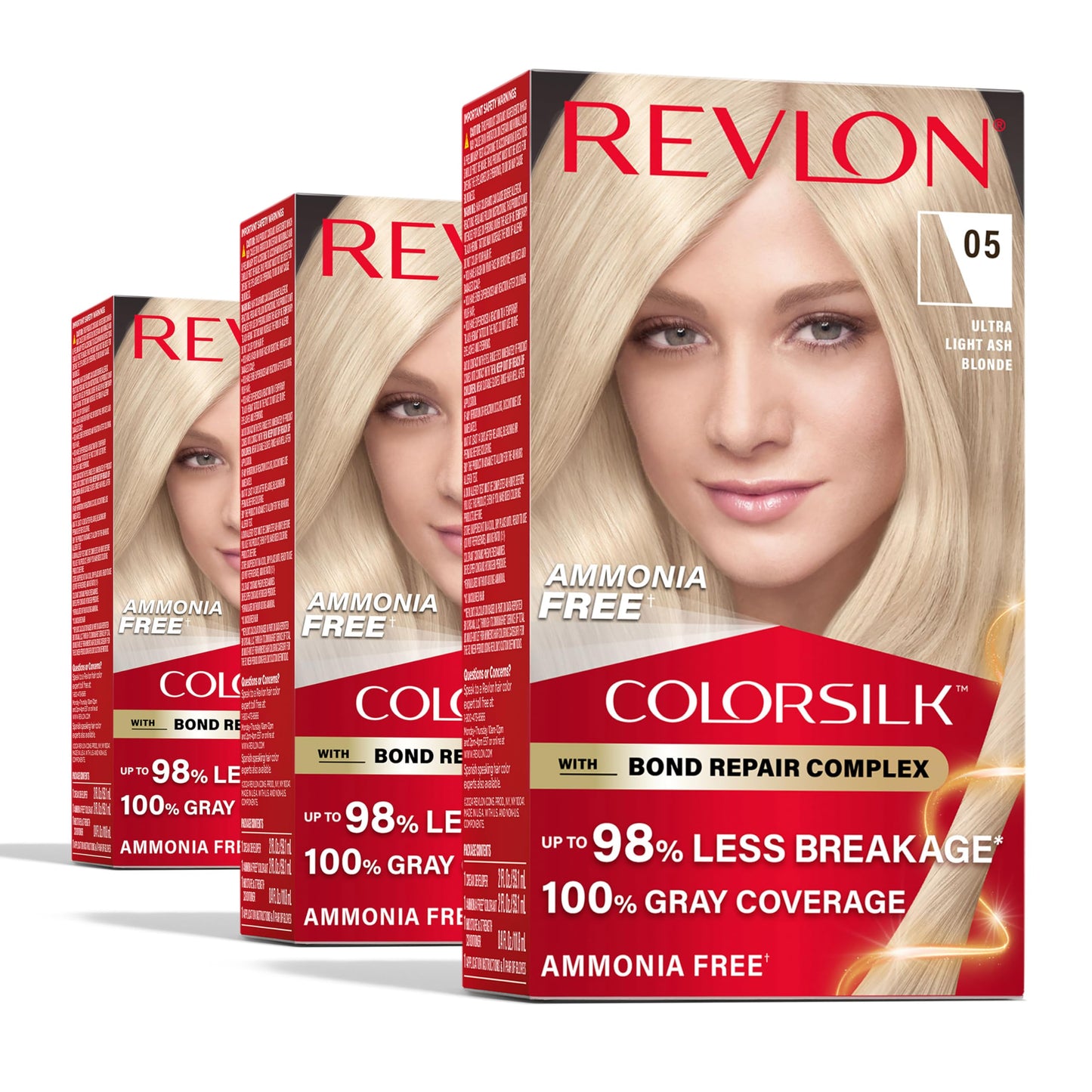 Revlon ColorSilk with Bond Repair Complex, Blonde Permanent Hair Color, 100% Gray Coverage, Ammonia Free Hair Dye, Vegan Keratin, 05 Ultra Light Ash