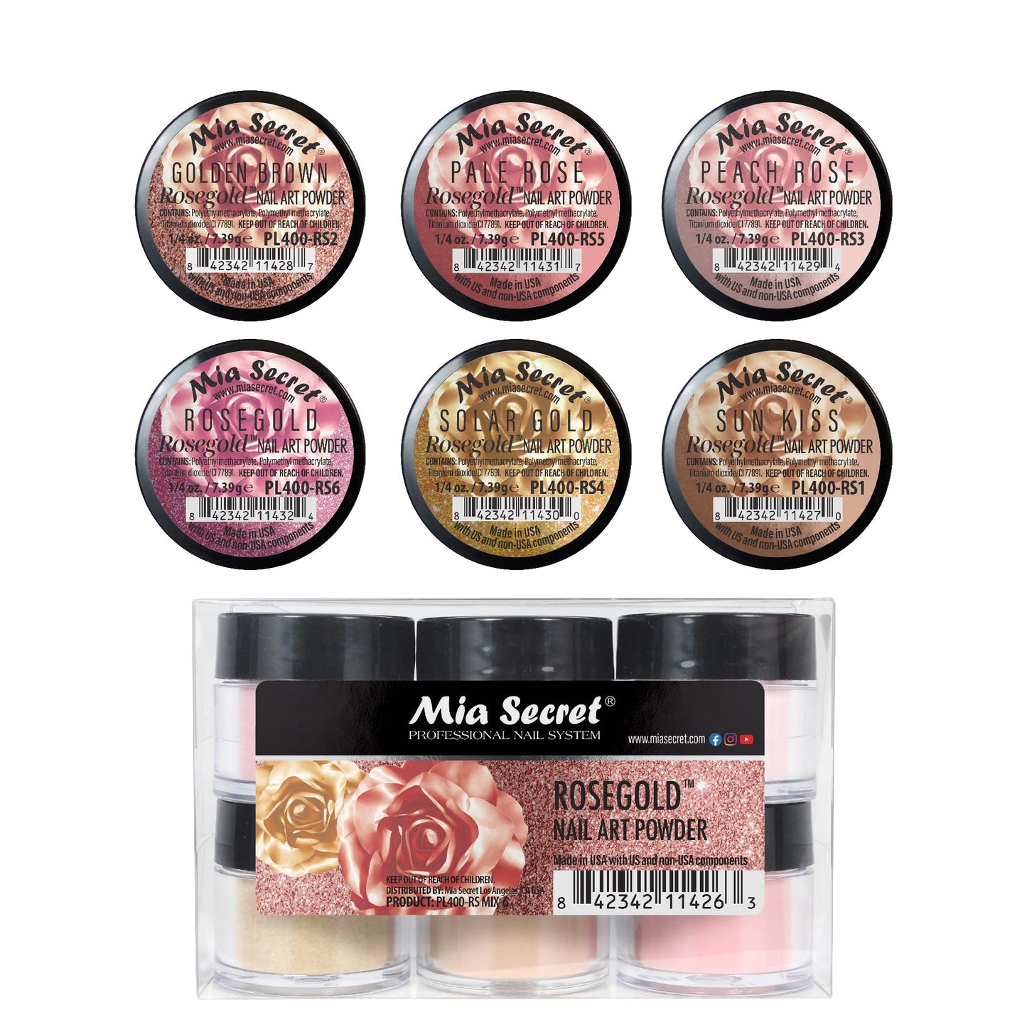 Mia Secret Colored Acrylic Nail Art Powder Collection - Rosegold, 6PC
