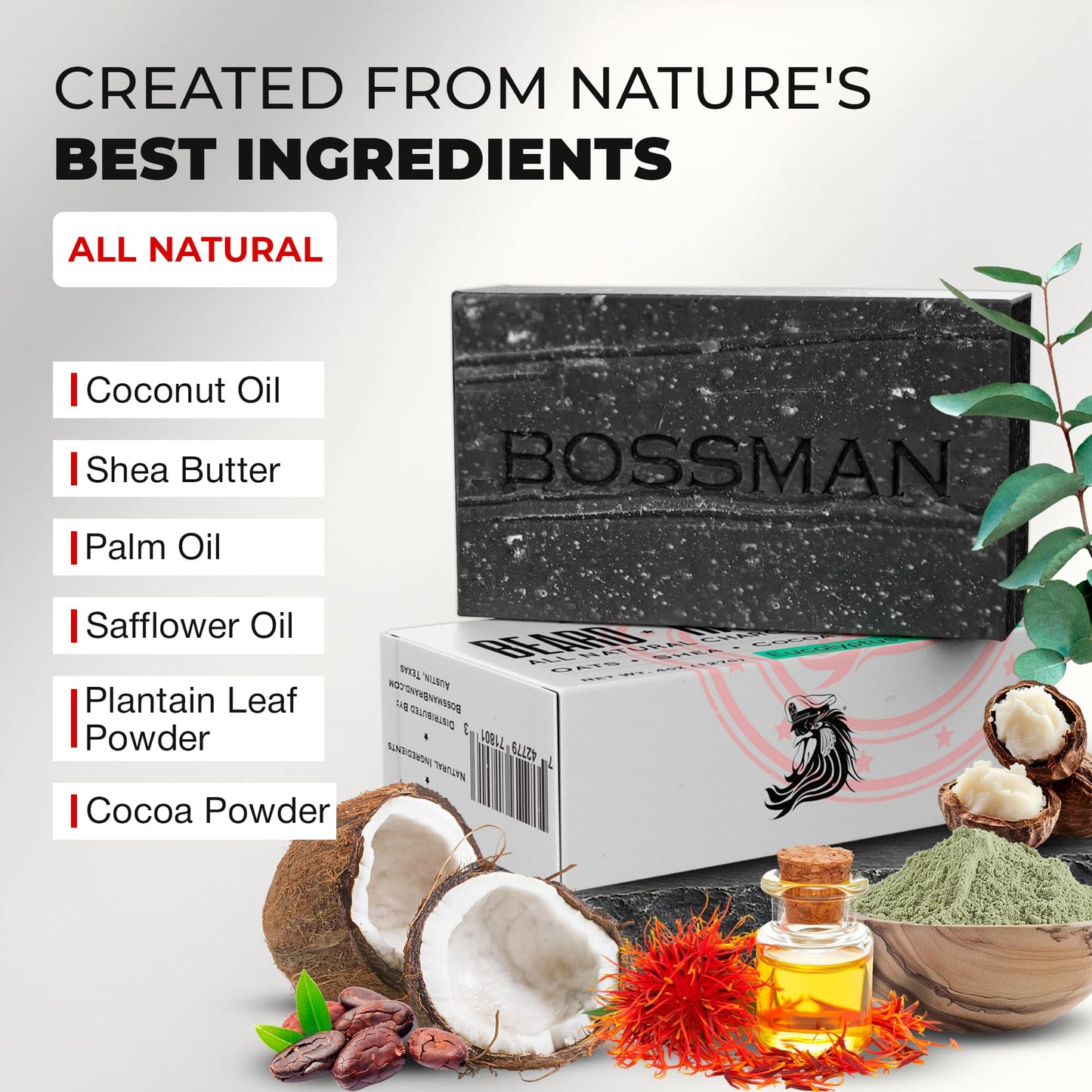 Bossman 3-Pack 4-in-1 Charcoal Soap Bar (4 oz) - Bar Soap for Men - All-Natural Beard Wash, Shampoo, Body Wash & Shaving Solution - Eucalyptus & Tea