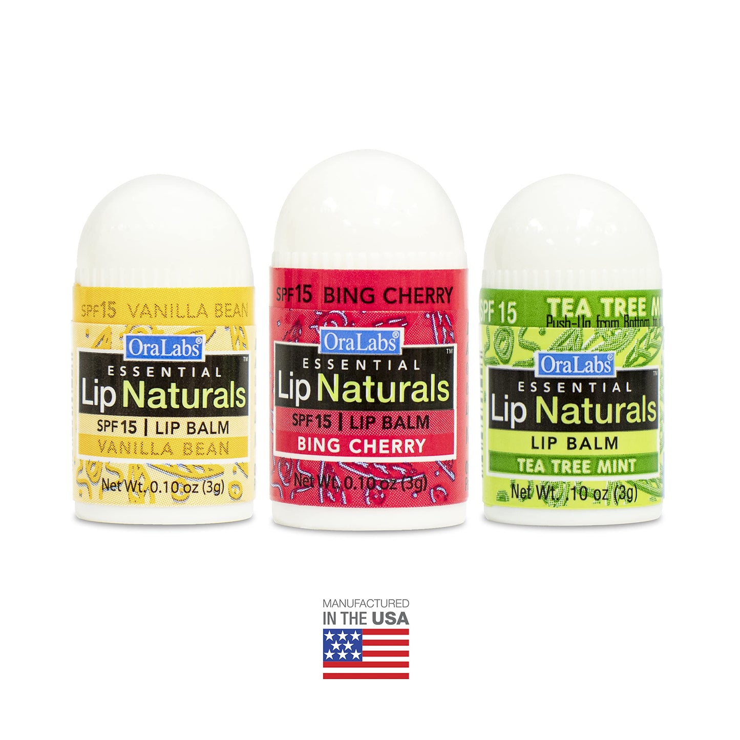Lip Naturals Assorted Mini Lip Balms with Sunscreen (SPF-15) & Keychain - 12 Count, 3 Flavors: Tea Tree Mint, Vanilla Bean, Bing Cherry (0.10oz/3g