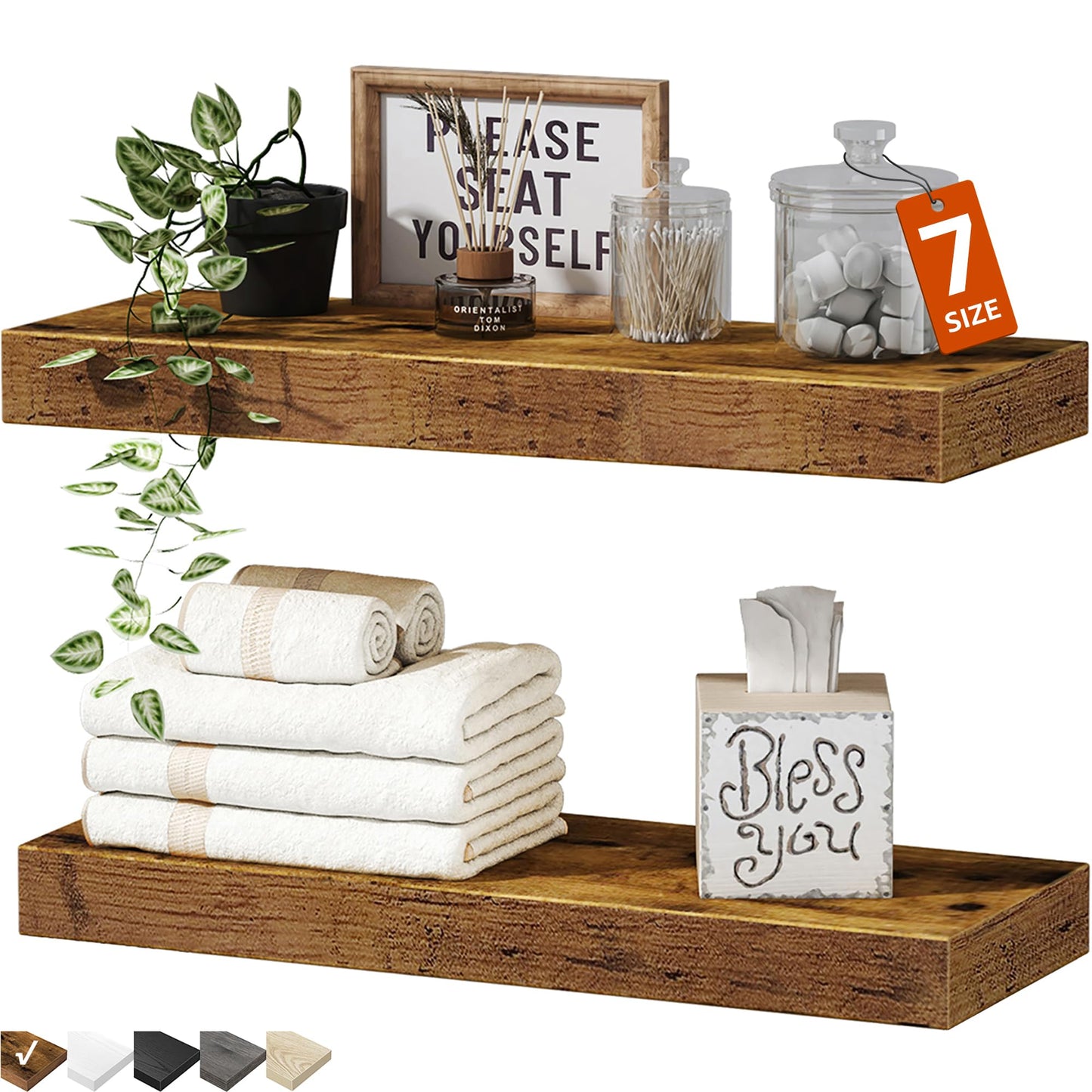 QEEIG Bathroom Floating Shelves, Wall Mounted Over Toilet Farmhouse Decor, Small 16-Inch Set of 2, Rustic Brown