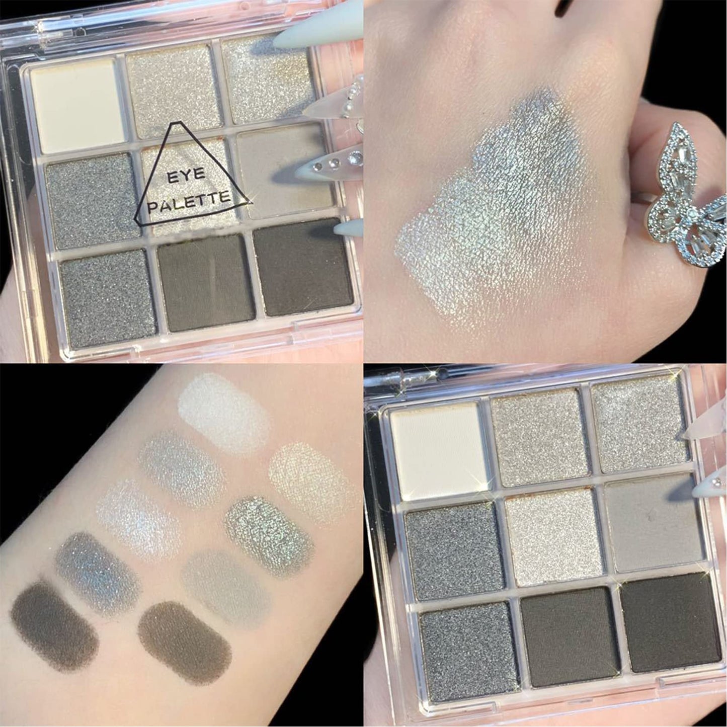 Black Smoky Eyeshadow Palette - Silver Shimmer, Grey, Gold, Brown - 9 Colors - Glitter & Matte Finish - Long Lasting, Waterproof - Pearl Eye Shadow
