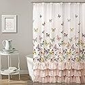 Lush Decor Flutter Butterfly Shower Curtain 72" W x 72" L Pink - Fabric Shower Curtains for Bathroom - Ruffle Bathroom Curtain - Pink Decor
