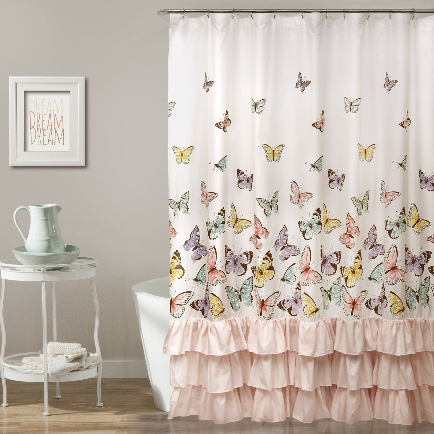 Lush Decor Flutter Butterfly Shower Curtain 72" W x 72" L Pink - Fabric Shower Curtains for Bathroom - Ruffle Bathroom Curtain - Pink Decor