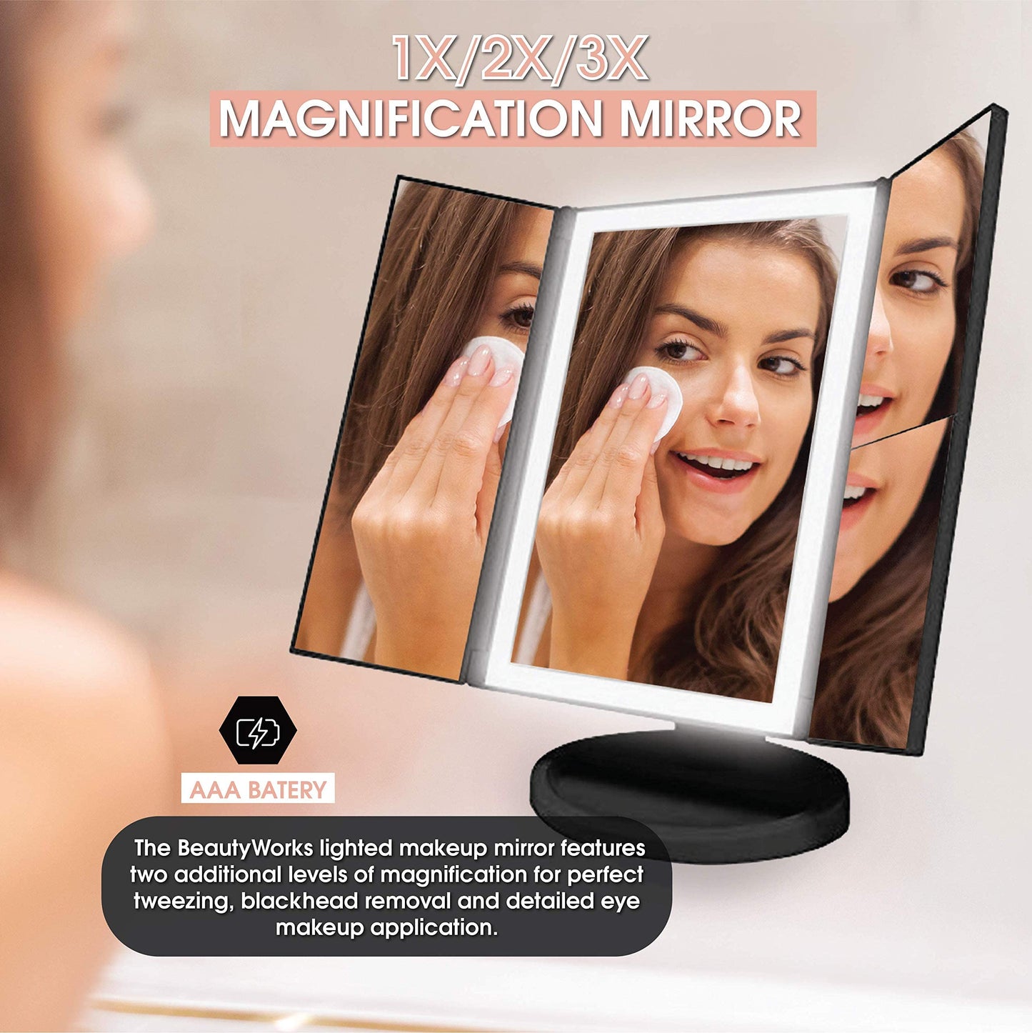 Beautyworks Backlit Makeup Vanity Mirror 36 LED Lights Touch-Screen Light Control, Tri-Fold 1/2/3X Magnification, Portable High-Definition Cosmetic