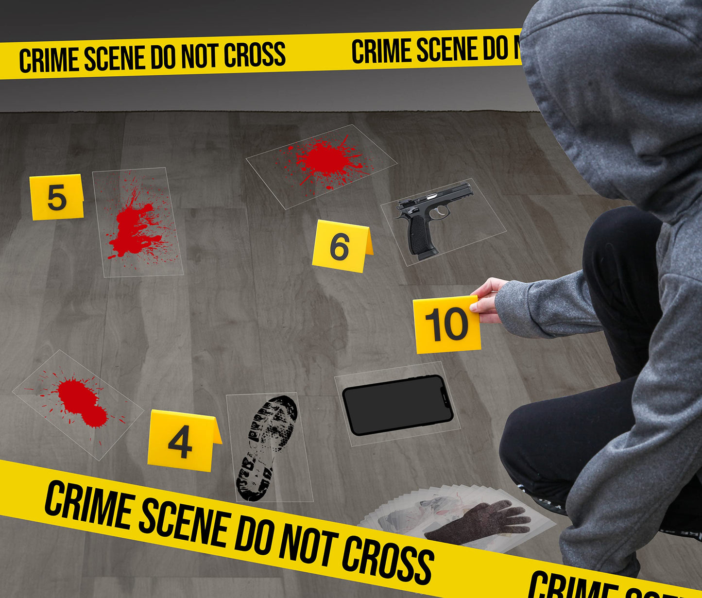 Halloween Crime Scene Decorations Kit – Mystery Party Supplies with Crime Scene Tape, 25 Yellow Evidence Markers & 25 Crime Object Cards