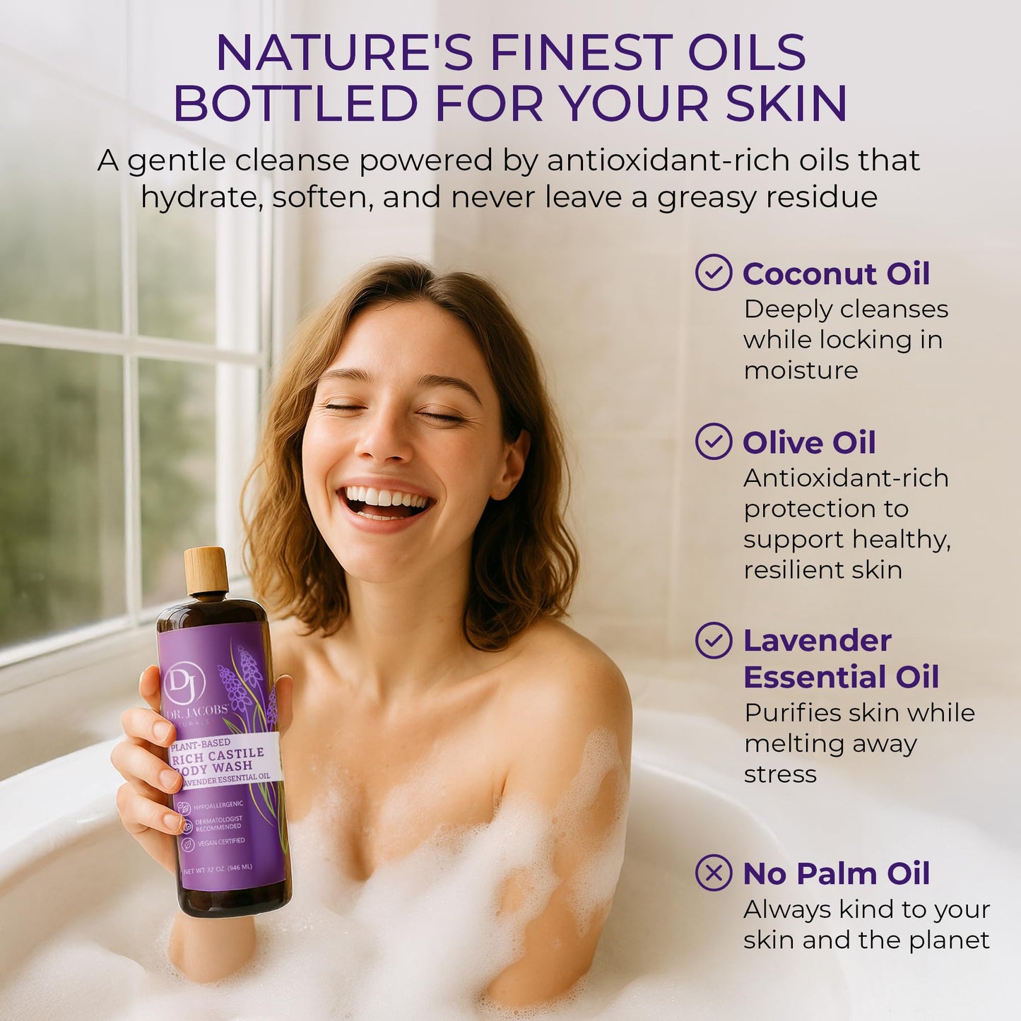 Dr. Jacobs Naturals Pure Castile Soap Liquid Body Wash, Lavender - Plant Based Soap Infused with Vitamin E and Aloe Vera to Moisturize Dry