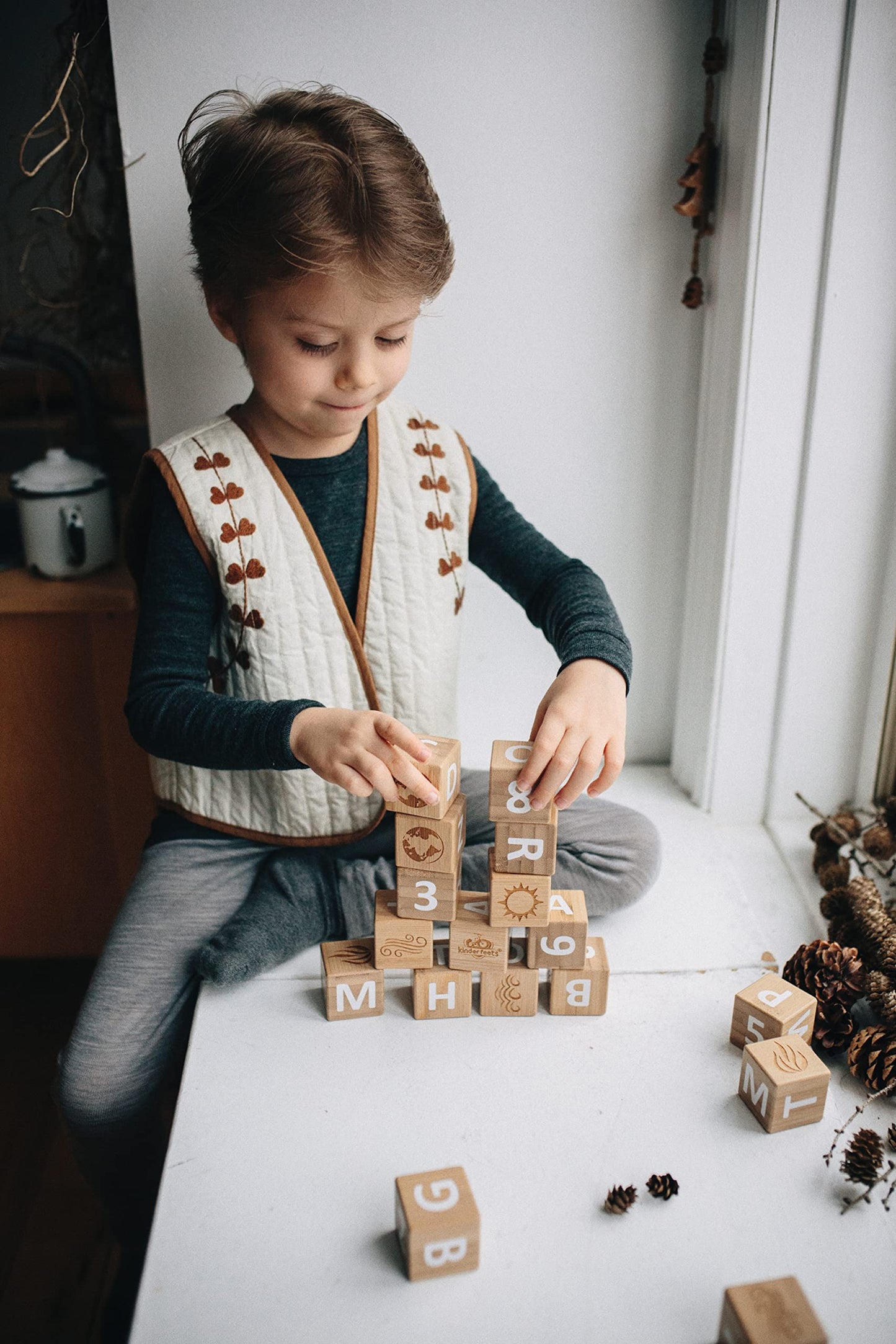 Kinderfeets Bamboo ABC Blocks 18pc – Educational Build & Stack Toy with Letters, Numbers & Symbols for Toddlers 12mo+