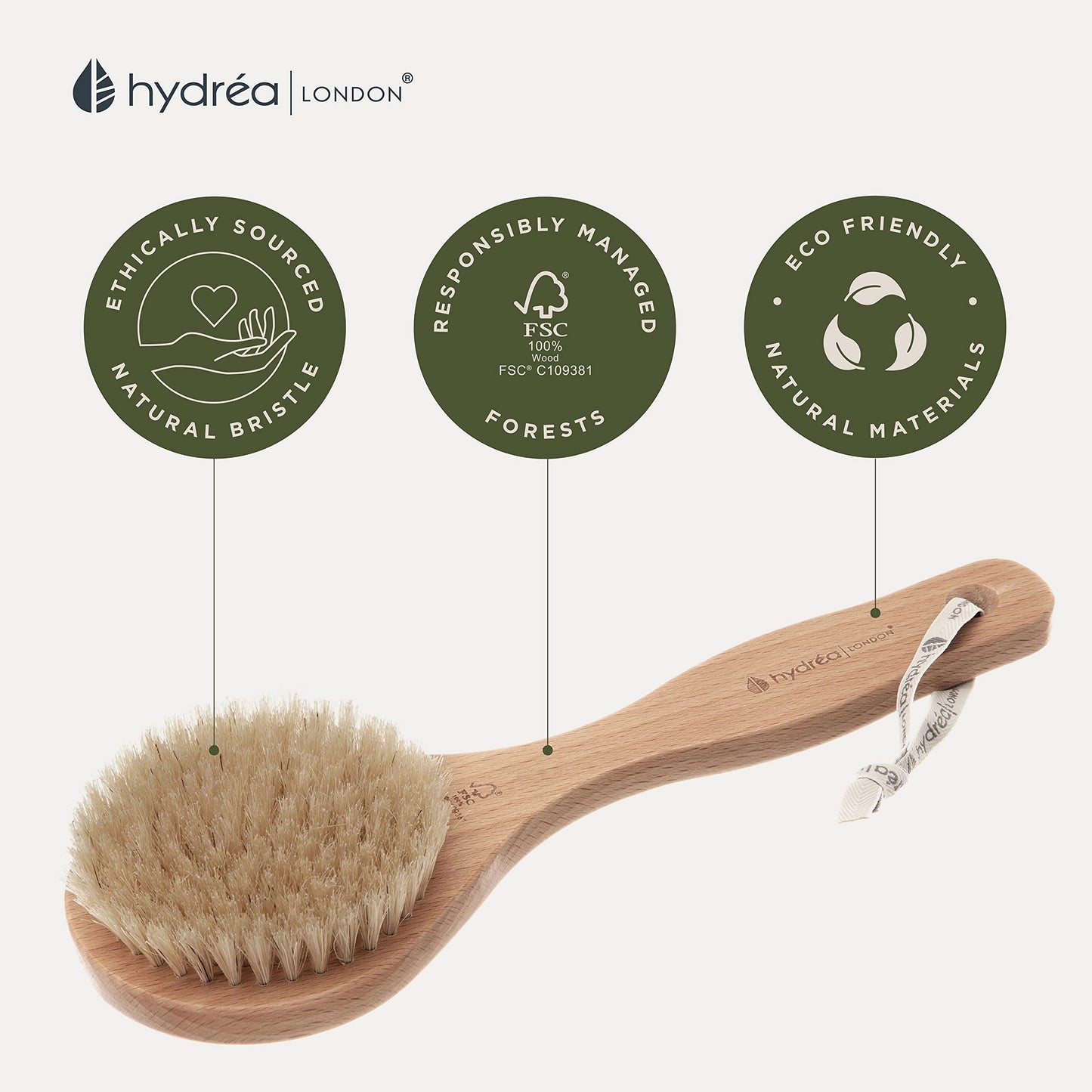 Hydrea London Dry Body Brush -Short Handle Premium Exfoliating Dry Skin Brush with Natural Bristle, FSC® Certified Beechwood.