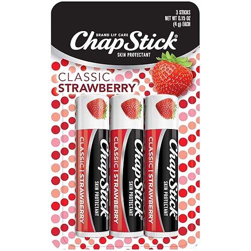 ChapStick Classic (1 Carded Pack of 3 Sticks) Strawberry Flavor Skin Protectant Flavored Lip Balm Tube, 0.15 Ounce Each