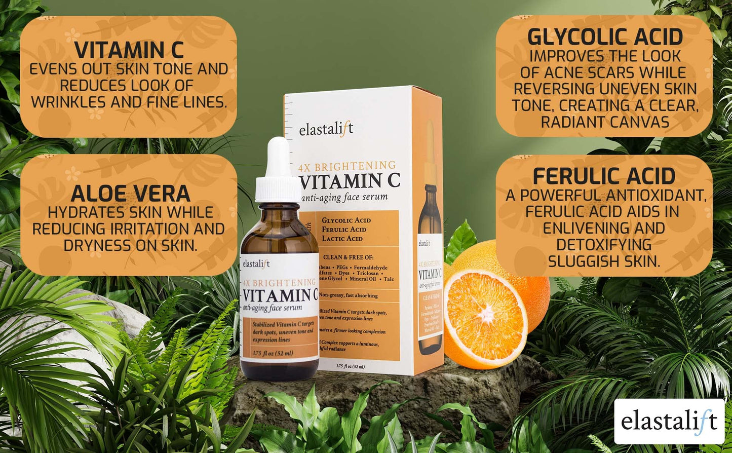 Elastalift Vitamin C Facial Serum For Age Spots, Wrinkles, & Expression Lines. Anti-Aging Face Serum W/Vitamin C & Hyaluronic Acid Brightens Skin