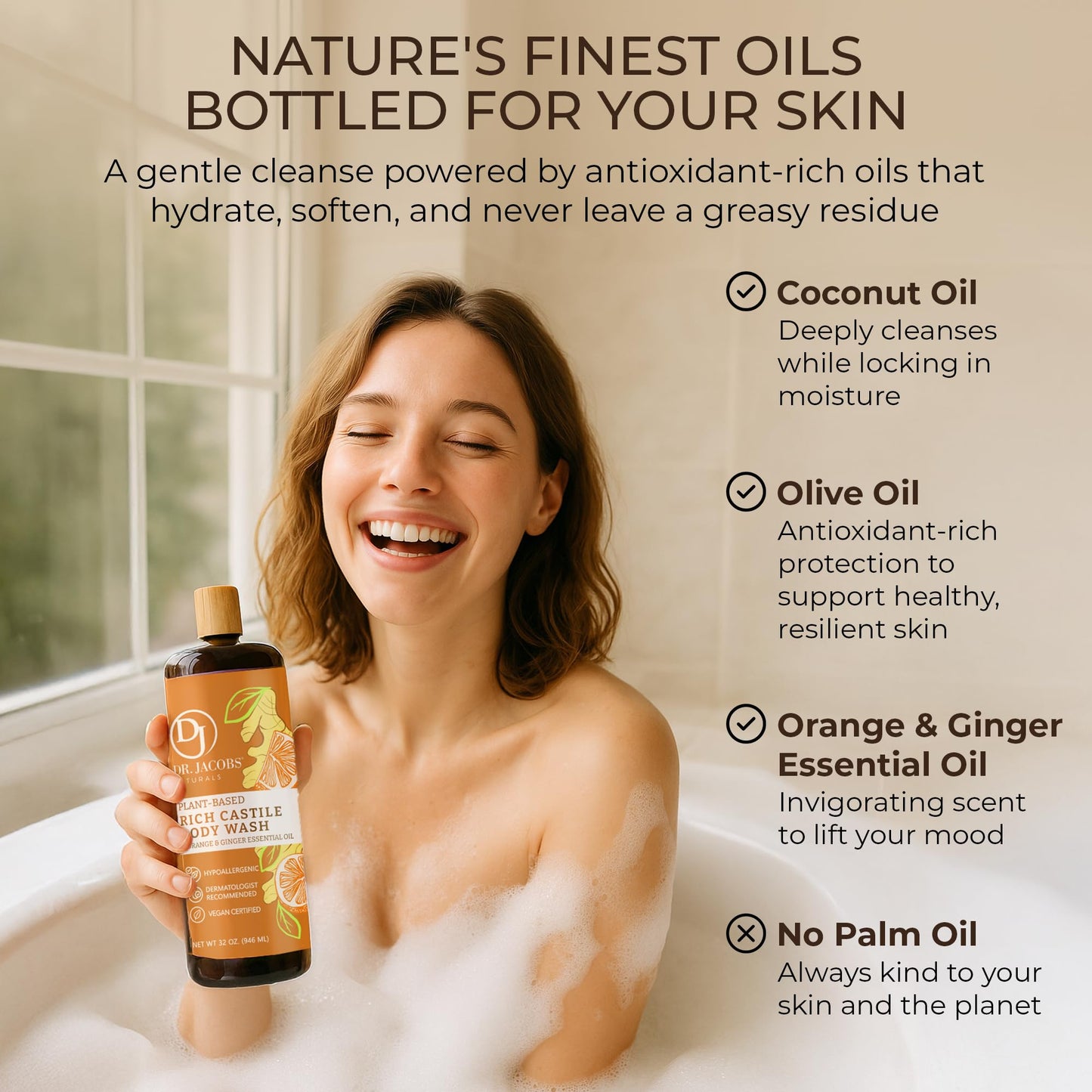 Dr. Jacobs Naturals Pure Castile Soap Liquid Body Wash, Orange & Ginger - Plant Based Soap Infused with Vitamin E & Aloe Vera to Moisturize Dry