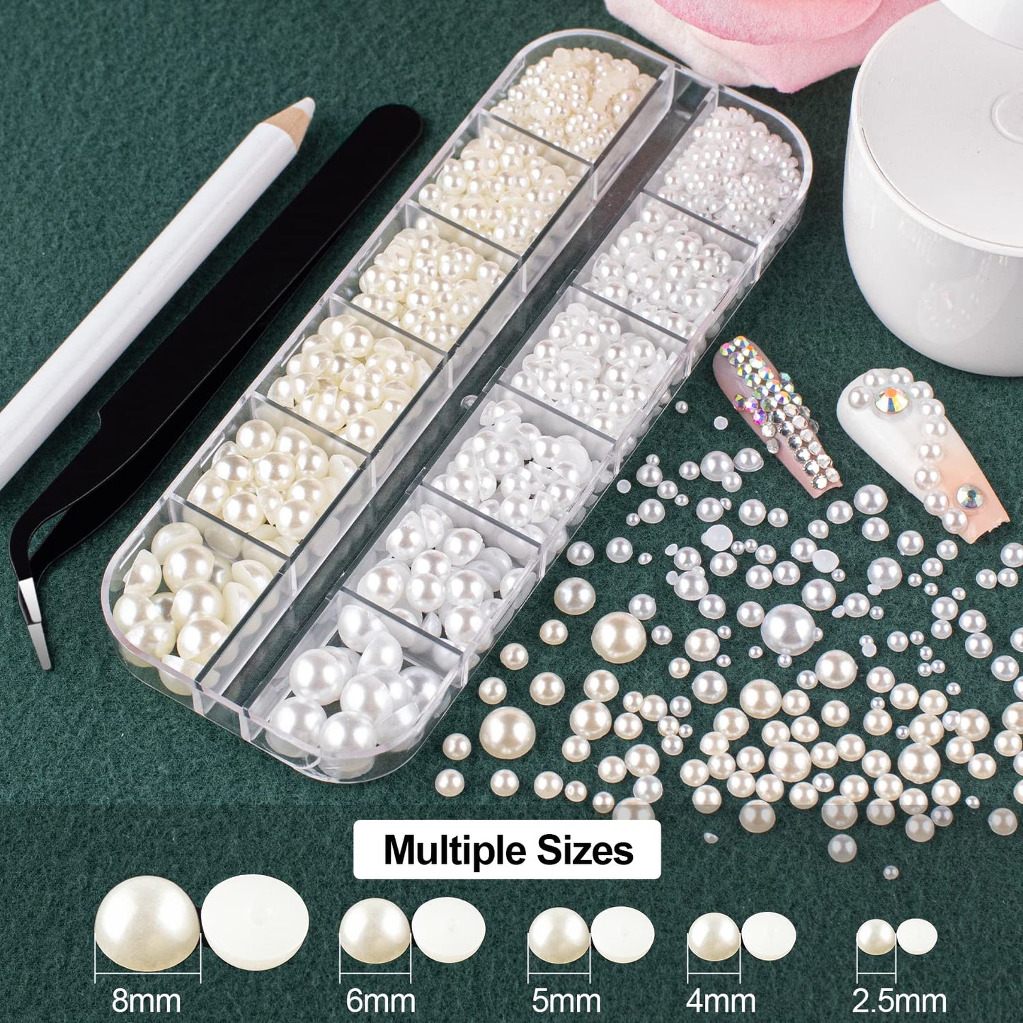 Flat Back Rhinestones&Pearls Kits Round Glass Crystal AB&Transparent White Gems+White&Beige Pearls with Quick Dry Makeup Glue+Picker Pencil+Tweezer