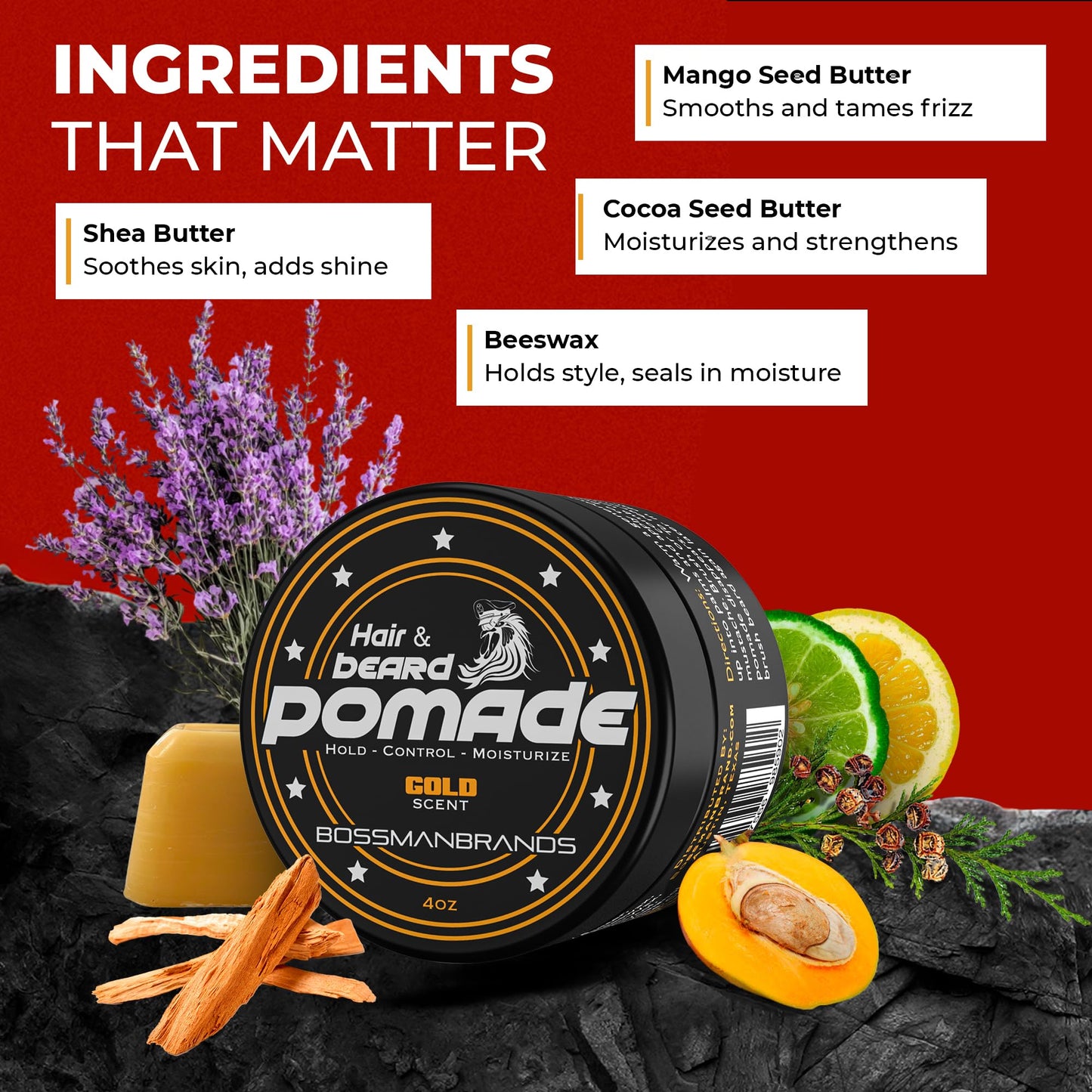 Bossman Hair & Beard Pomade for Men (Gold Scent) - Medium Hold & Moisturizing for Hair, Beard & Mustache Styling - Made in USA