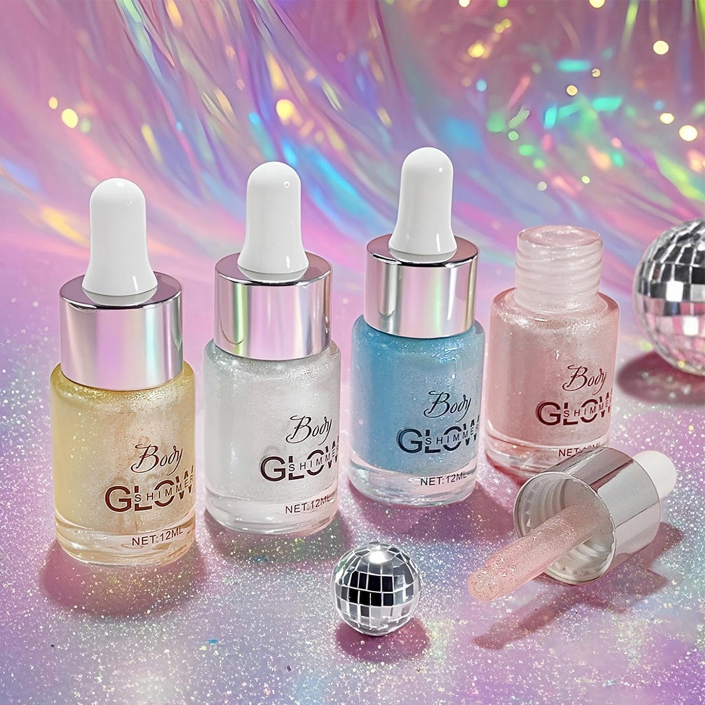 Face Body Glitter Oil for Women, Drop Glitter Body Shimmer Oil, Glowing Liquid Highlighter Makeup, Non-Sticky Shimmer Liquid Luminizer for Mardi Gras