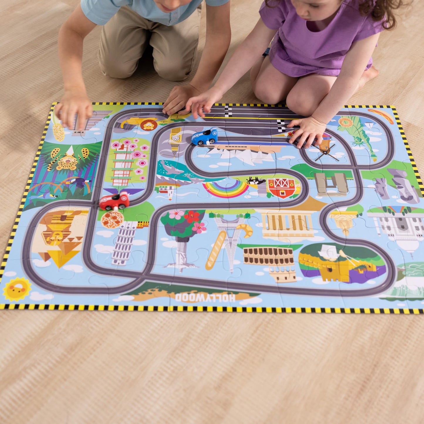 Melissa & Doug Race Around The World Floor Puzzle – 48-Piece Cardboard Jigsaw with Wind-Up Vehicles, Educational Toy for Kids Ages 4+, FSC Certified