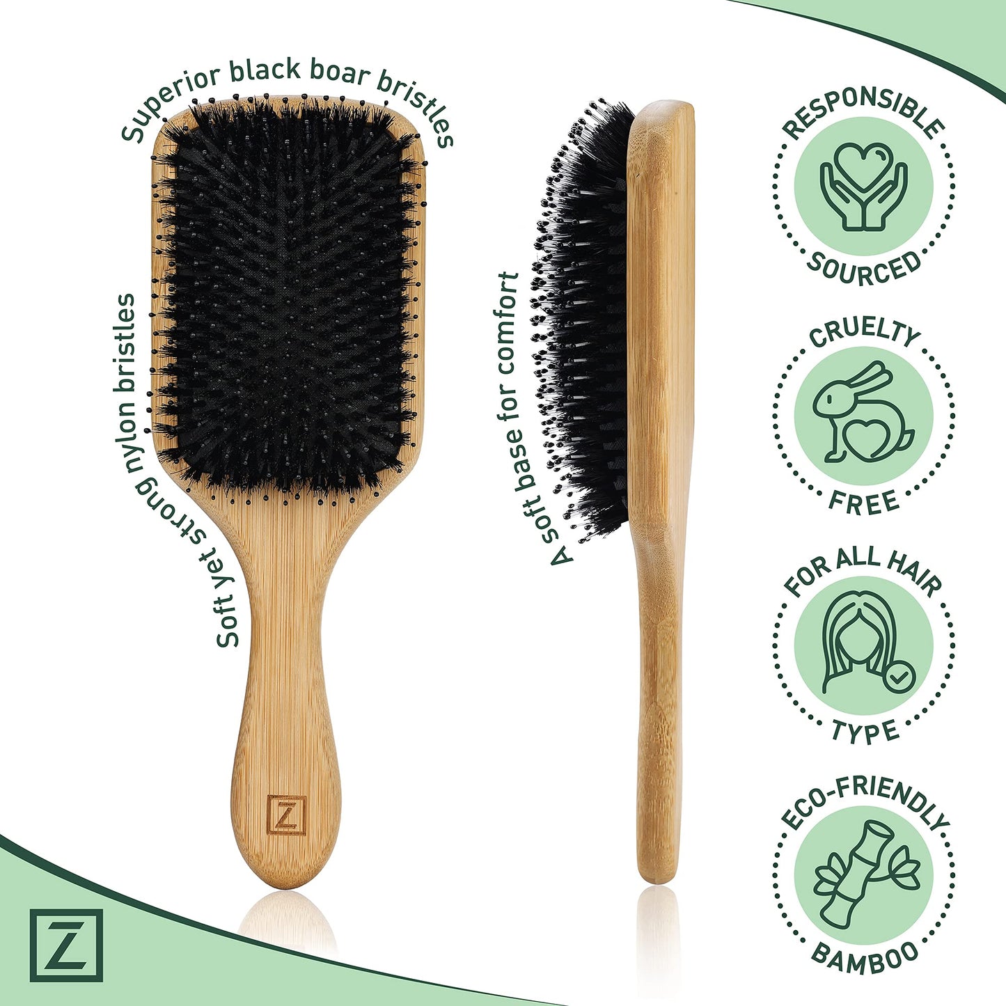 Natural Boar Bristle Hair Brush for Women, Men, Kids; Dry and Wet Detangling Hair Brush Gently Enhances Shine, Smooths Frizz and Prevents Breakage