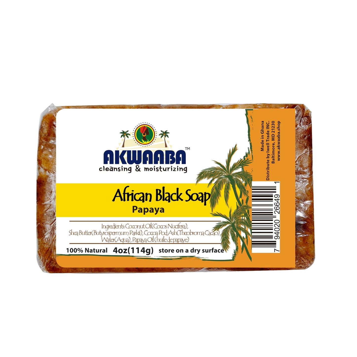AKWAABA African Black Soap | Papaya | Bar Soap | 4 oz | For Face & Body