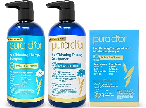 PURA D'OR Hair Thinning Therapy 3-Piece Set, Shampoo, Conditioner & Masque for Best Results, Infused with Argan Oil, Biotin, All Hair Types, Men