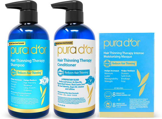 PURA D'OR Hair Thinning Therapy 3-Piece Set, Shampoo, Conditioner & Masque for Best Results, Infused with Argan Oil, Biotin, All Hair Types, Men