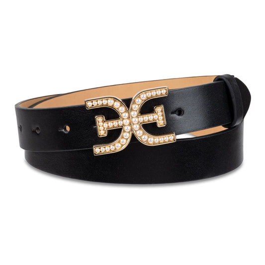 Sam Edelman Women's Pearl Embellished Double-E Logo Plaque Buckle Belt, Black, Small