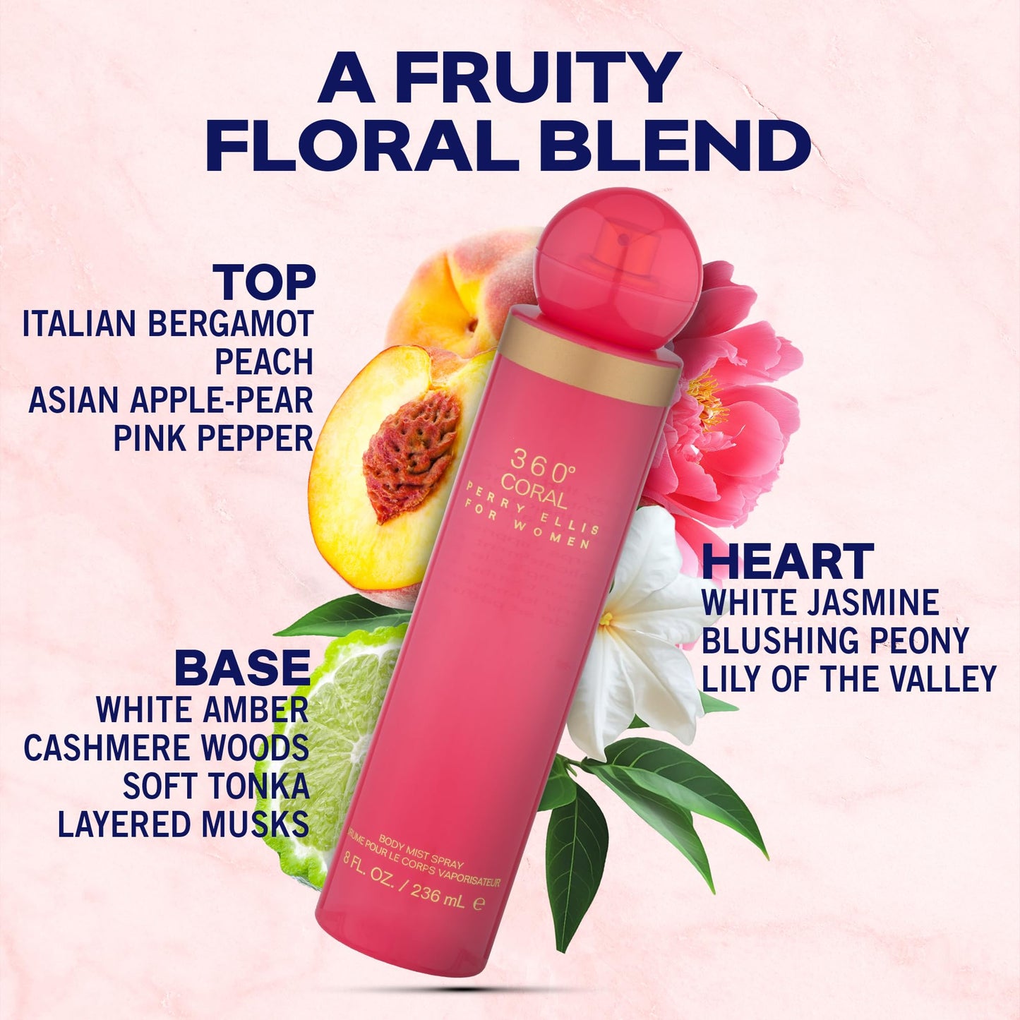 Perry Ellis 360° Coral Body Mist Spray for Women - Perfume for Women, Floral & Fruity Fragrance, EDT, Designer Scent for Her, Long Lasting - 8 fl oz