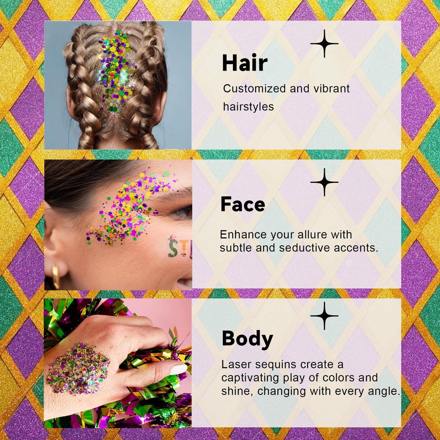 Mardi Gras Glitter Gel Stick, Color-Changing in Different Lighting, for Body, Face & Hair (Mardi Gras)