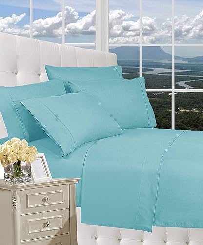 CELINE LINEN Luxurious Bed Sheets Set on Amazon 1800 Premier Hotel Quality Wrinkle Free 4-Piece Sheet Set with Deep Pockets, Full Aqua Blue