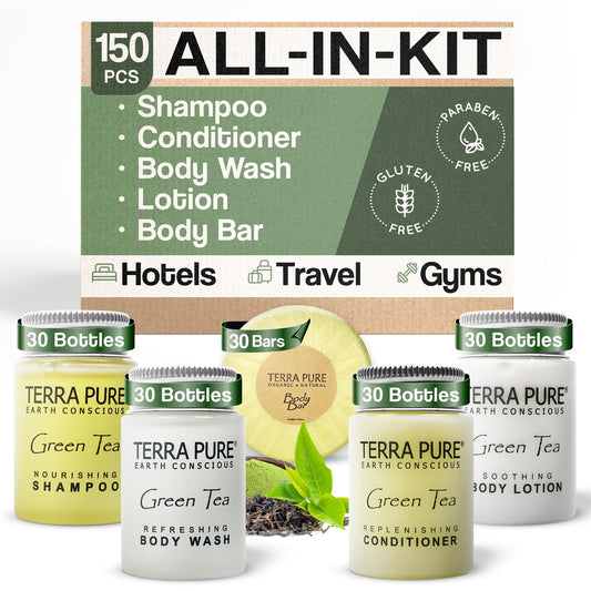 Terra Pure Hotel Soaps & Toiletries Bulk Set | 1-Shoppe Amenities Kit | 1oz Shampoo & Conditioner, Body Wash, Lotion, 1.25oz Bar Soap | Travel Size |