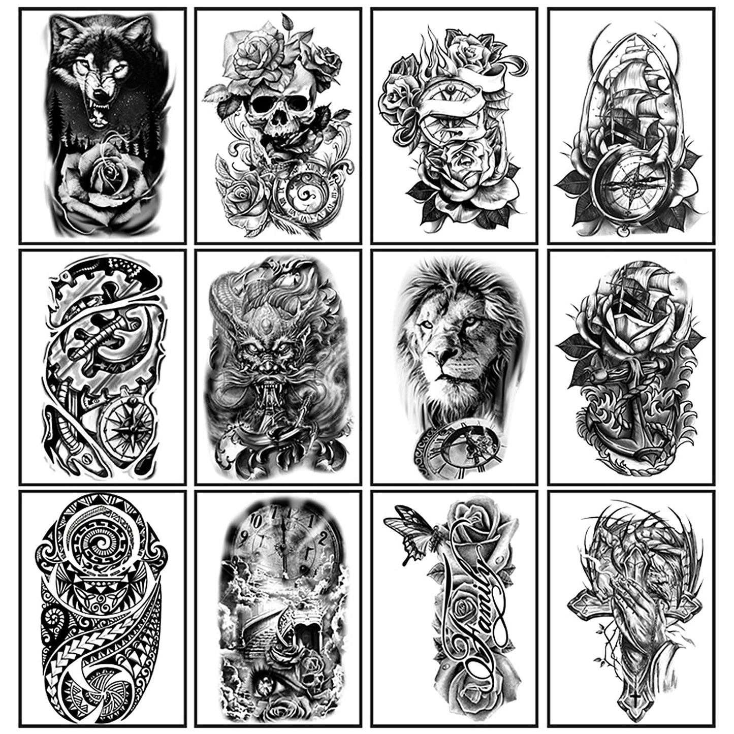 Yazhiji 36 Sheets Temporary Tattoos Stickers, 12 Sheets Fake Body Arm Chest Shoulder Tattoos for Men or Women with 24 PCS Tiny Black Tattoos Beauty and Personal Care Yazhiji