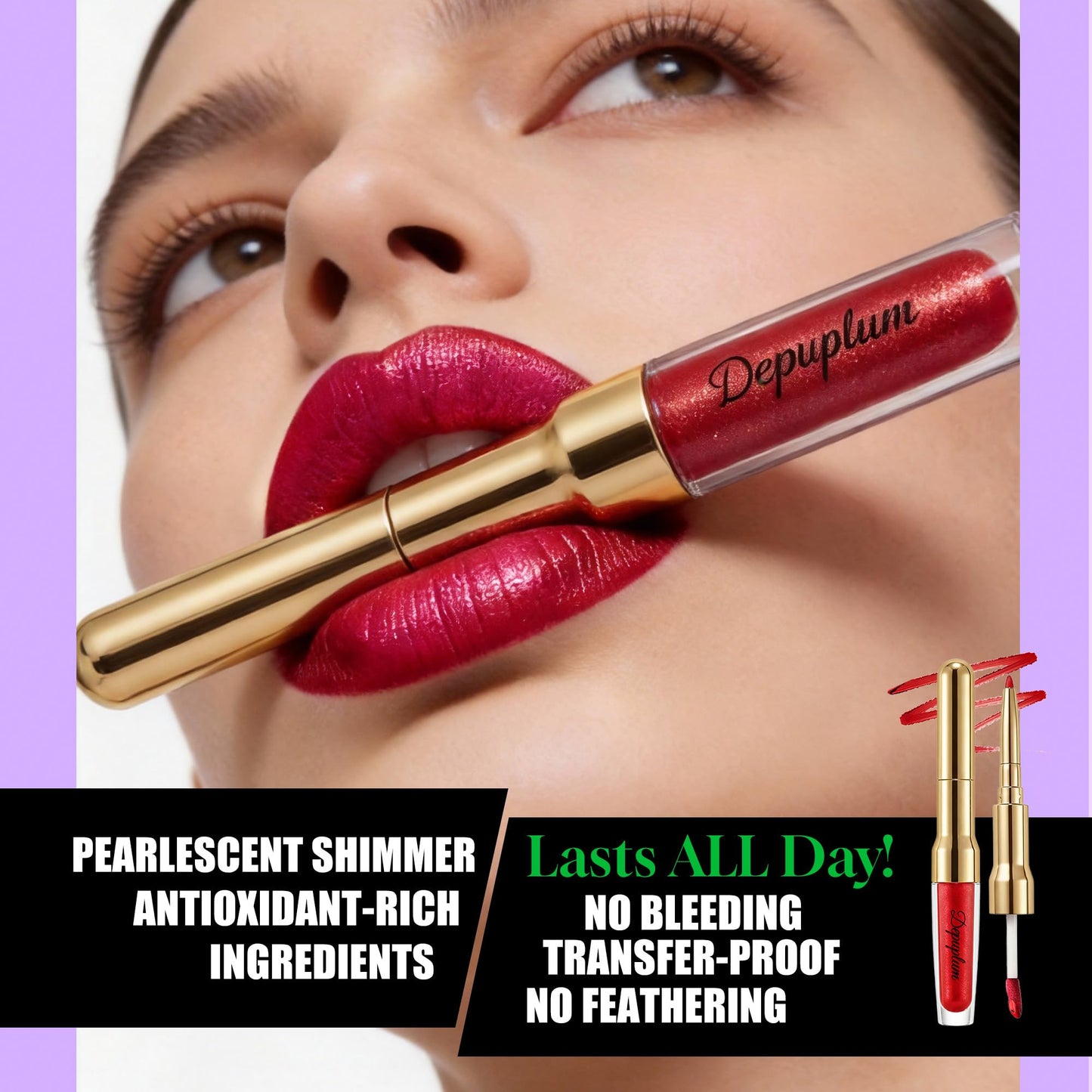 Depuplum Plum Metallic Lipstick and Lip Liner Combo Makeup 2-in-1 Shimmer Glitter Lipsticks for Women Metallic Lip Gloss Stain Burgundy Long Lasting