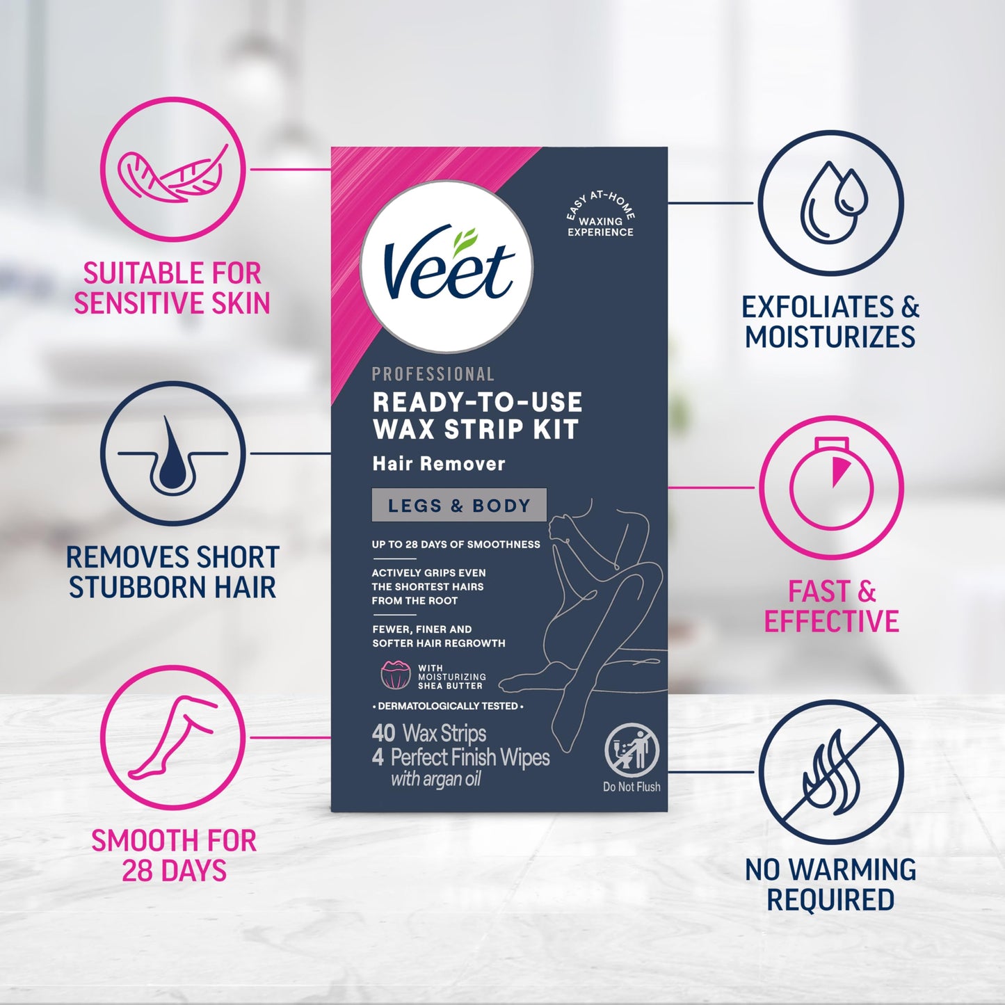 VEET Sugar Wax Strips For Women's Body Hair Removal, Bikini Hair Removal Kit, Pubic, Dermatologically Tested For Body & Intimate Areas, 40ct Wax