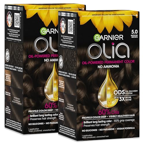 Garnier Olia Hair Color, Ammonia-Free Permanent Hair Dye, Oil-Powered Formula for 100% Gray Coverage and 3x Shinier Hair, Vegan & Cruelty Free, 5.0