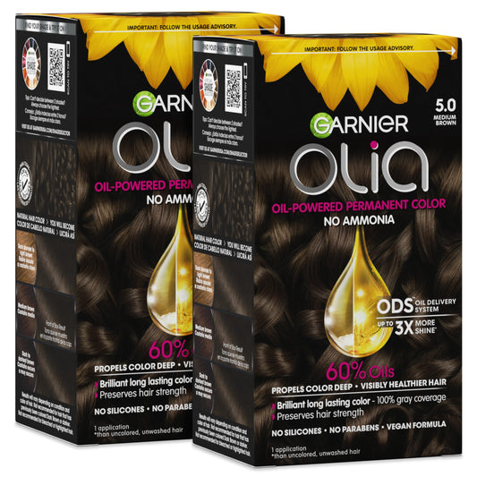 Garnier Olia Hair Color, Ammonia-Free Permanent Hair Dye, Oil-Powered Formula for 100% Gray Coverage and 3x Shinier Hair, Vegan & Cruelty Free, 5.0 Beauty & Personal Care Garnier