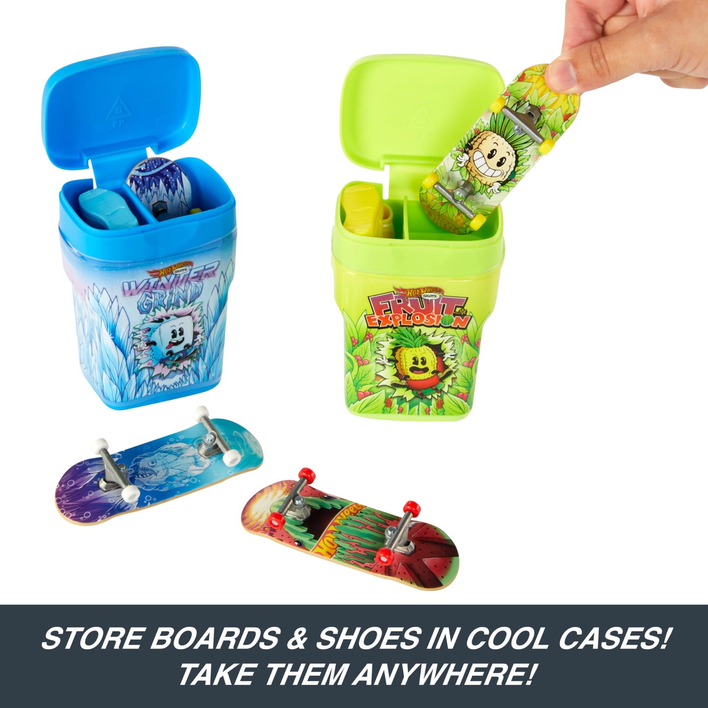 Hot Wheels Skate Fingerboards & Skate Shoes, 2 Flavor Containers with 2 Exclusive Boards & 1 Pair of Removable Shoes in Portable Storage Containers