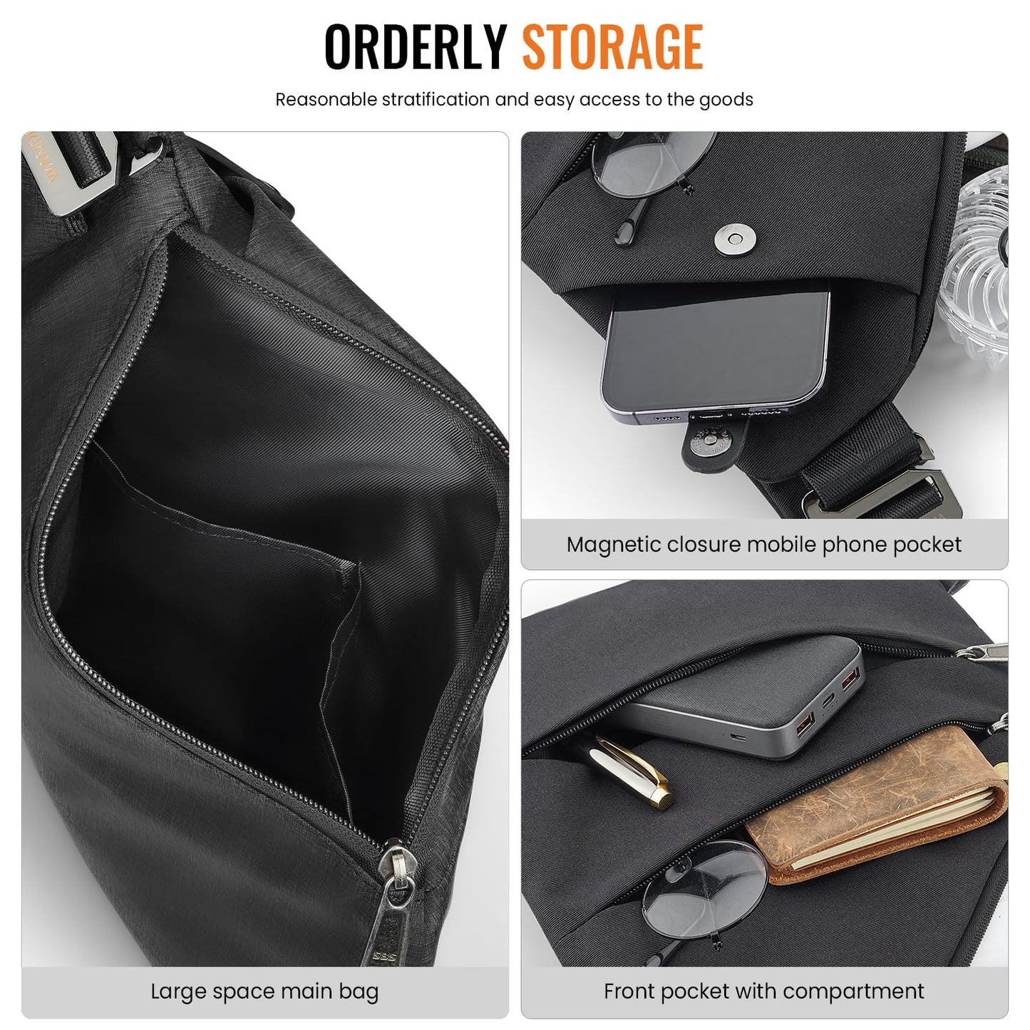 WANDER PLUS Anti Theft Crossbody Bag, Shoulder Bag Anti-theft Design for Travel, Sport, Work, Black